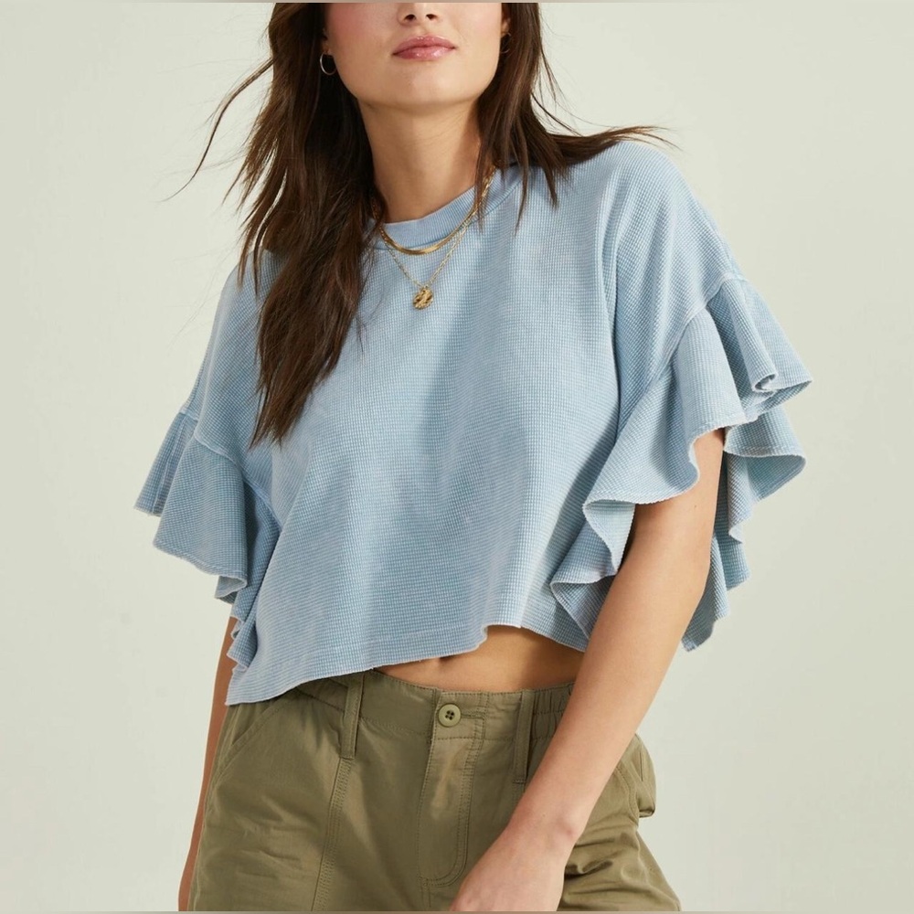 Altar'd State Light Blue Ruffle Sleeve Tee | XS